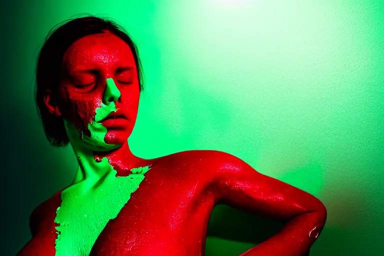 Prompt: hyperrealistic woman with melting body inside a red room roberto bernardi dramatic green lighting on one side wide angle 35mm shallow depth of field 8k