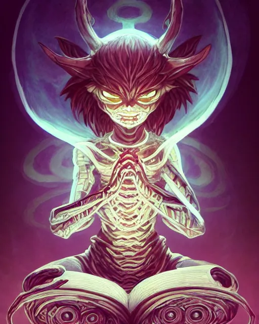 Image similar to a tiny cute demon meditating, wrapped in sacred parchment with glowing text, smooth, intricate, elegant, digital painting, artstation, power runes, pulsing energy, concept art, sharp focus, octane render, illustration, art by shintaro kago and philippe druillet, overwatch character,