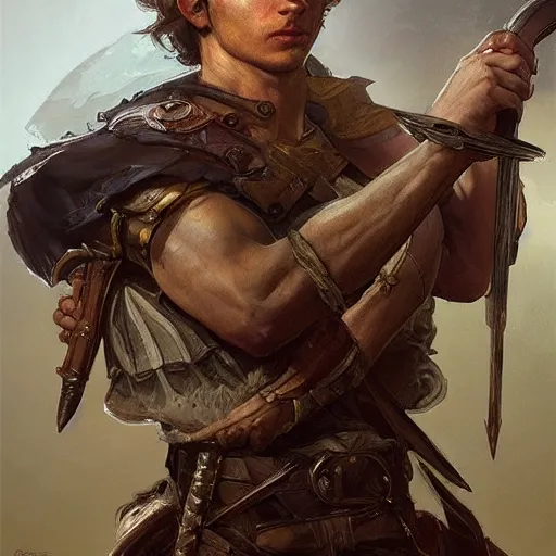 Image similar to portrait of a young rugged ranger holding his longsword up, hands, muscular, upper body, D&D, fantasy, intricate, elegant, highly detailed, digital painting, artstation, concept art, smooth, sharp focus, illustration, art by Artgerm and Greg Rutkowski and Alphonse Mucha