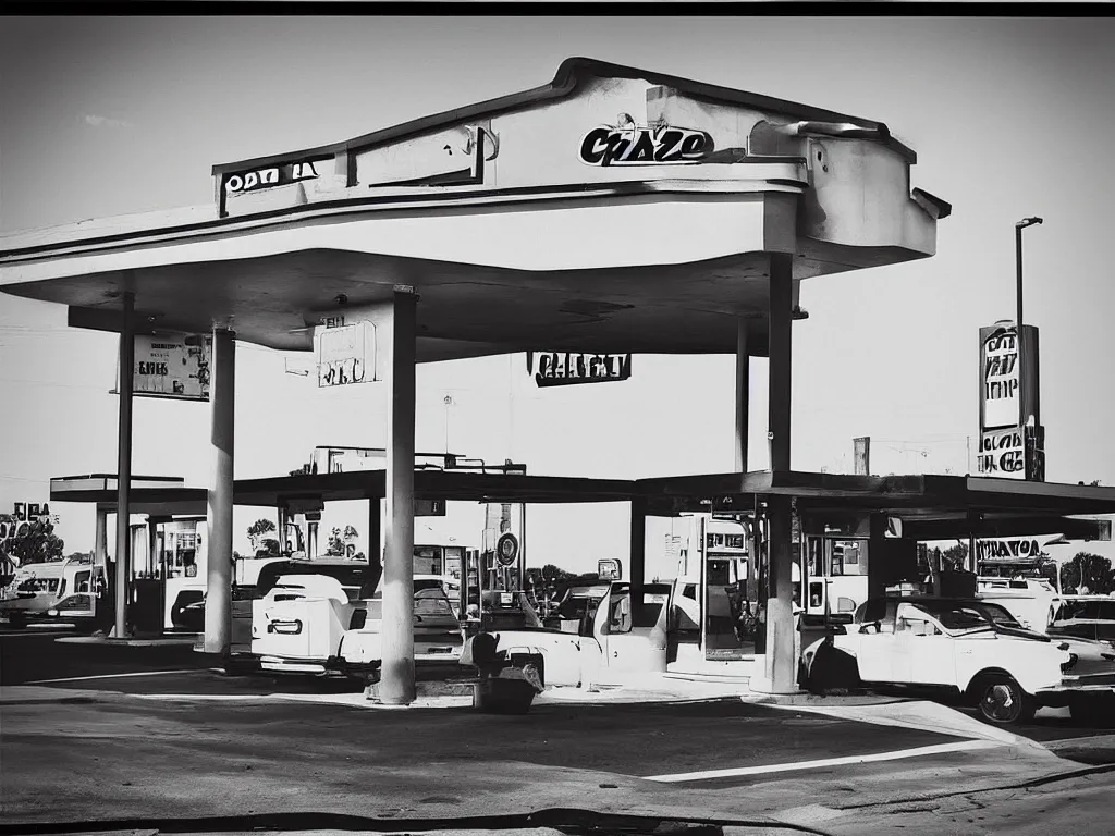 Image similar to “A black and white 35mm photo of a vintage gas station in Los Angeles”