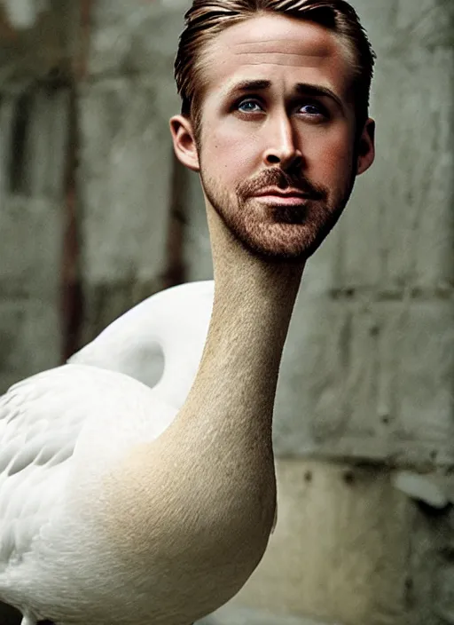 Image similar to ryan gosling fused with a goose, construction, natural light, bloom, detailed face, magazine, press, photo, steve mccurry, david lazar, canon, nikon, focus