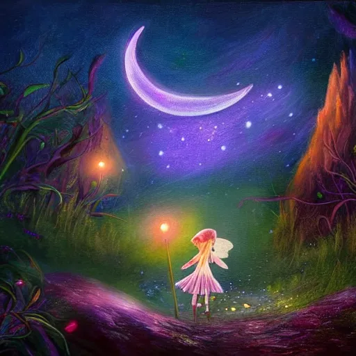 Prompt: attractive, fairy, in the night, fantasy, crescent moon in background, luminous, toadstools, fireflies, fantasy, highly detailed painting, mid shot, 8 k realistic, fantasy, mist, sharp focus