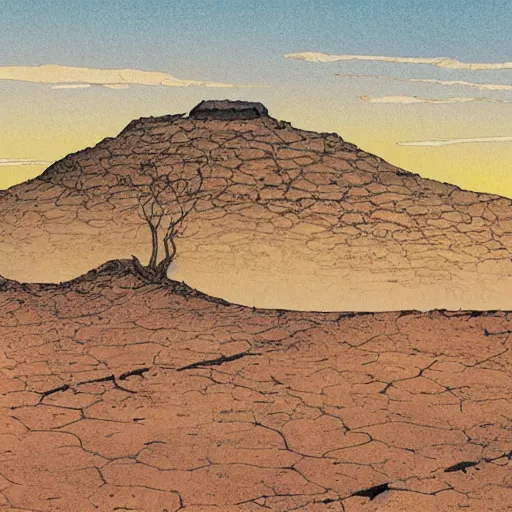 Prompt: [ illustration of a barren desert ] [ old ailen ruins ] [ gauche watercolour soft beautiful colours ] [ moebius, science fiction art ] [ composition, style, key art, cover art ]