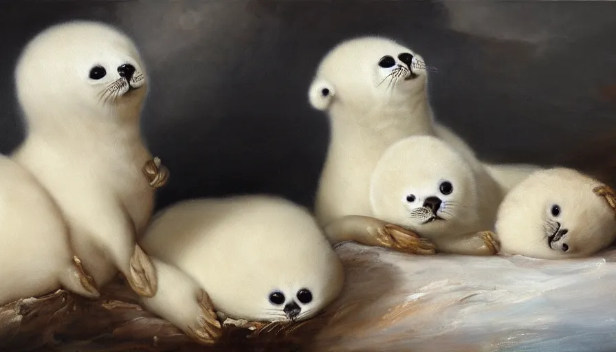 Image similar to highly detailed painting of cute furry white baby seals cuddling up in a big pile of whippy ice cream by william turner, thick brush strokes and visible paint layers, 4 k resolution