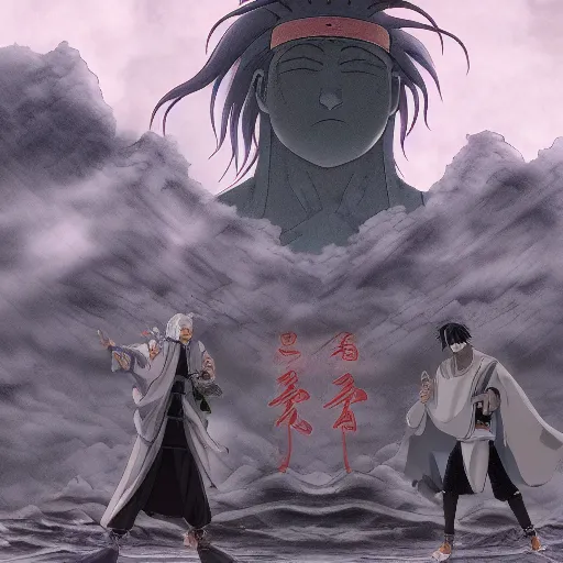 Image similar to 8 k uhd, statue, hashirama senju vs madara uchicha, 3 2 feets, river, mount, historical place, pilgrims, offerings, clan priest, highly details content