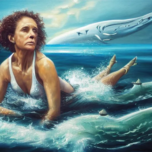 Image similar to masterful oil painting of an athletic woman in her fifties with curly brown hair, swimming in the middle of a rough sea surrounded by sharks, above her, in the night sky there is a star.
