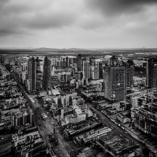 Image similar to Giant megacity looming across the landscape, dystopian, post apocalyptic, EOS-1D, f/1.4, ISO 200, 1/160s, 8K, RAW, unedited, symmetrical balance, in-frame