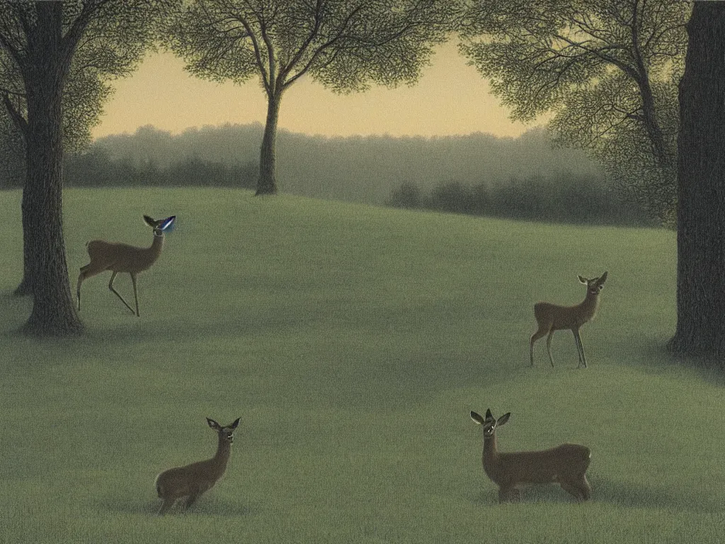 Prompt: a young deer on a suburban lawn at dusk, by quint buchholz and dean ellis