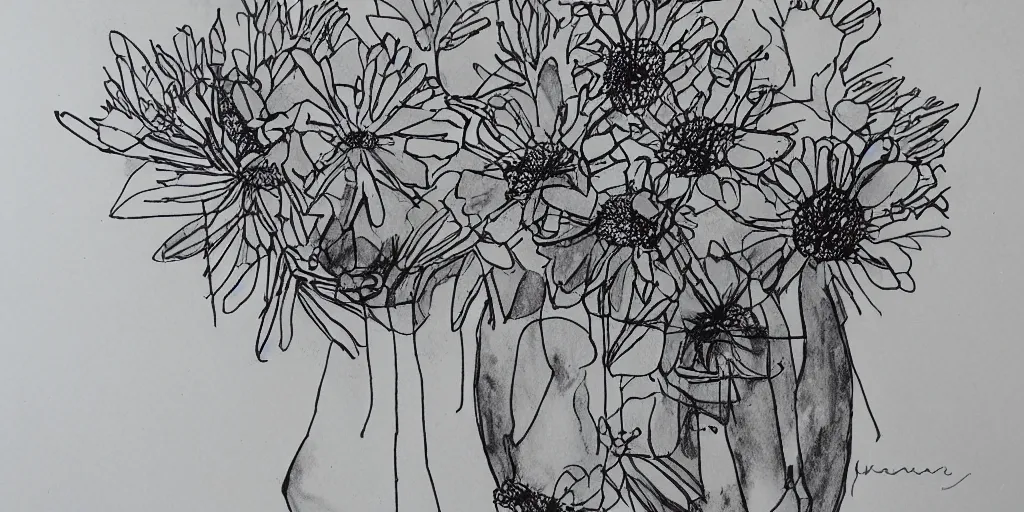 Prompt: i dream of a vase flowers, modern, studio, ink drawing