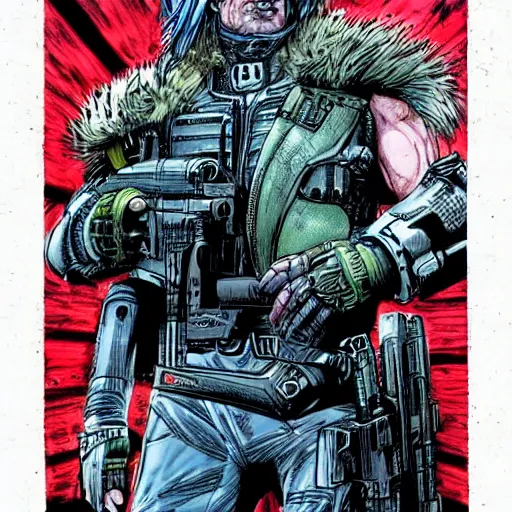 Image similar to sci - fi, dystopian bounty hunter, art by jim lee