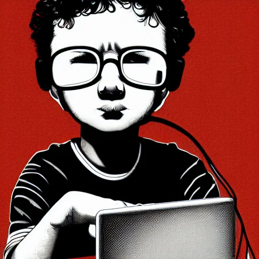 Prompt: illustration of a boy connected to his laptop with wires, highly detailed, by butcher billy