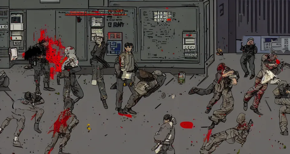 Prompt: 1987 Video Game screenshot for Akira style Anime Neo-tokyo Cyborg bank robbers vs police, Set inside of the Bank, Open Bank Vault, Multiplayer set-piece Ambush, Tactical Squads :10, Police officers under heavy fire, Destructible Enviorments, Gunshots, Bullet Holes and Anime Blood Splatter, :10 Gas Grenades, Riot Shields, MP5, AK45, MP7, P90, Chaos, Anime Machine Gun Fire, Gunplay, Shootout, :14 FLCL + LA Machineguns, Cel Shaded:15, Created by Katsuhiro Otomo + Studio Gainax: 20