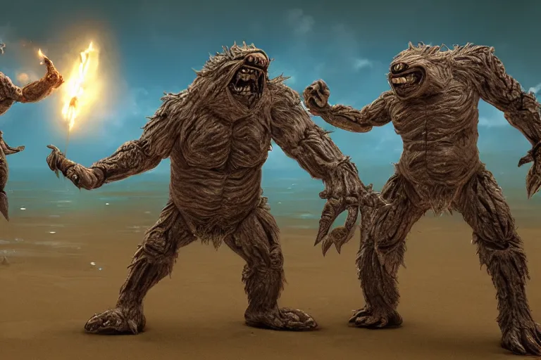 Image similar to photo, two old hairy fat ugly men! fighting alien monsters 4 0 1 2 7 on a beach, highly detailed, scary, intricate details, volumetric lighting, front view