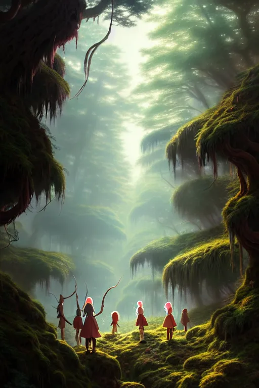 Image similar to a highly detailed matte painting of a group of young adventurers exploring elven ruins in a mystical forest, by studio ghibli, by artgerm, by wlop, by greg rutkowski, red tones, volumetric lighting, octane render, 4 k resolution, trending on artstation, masterpiece