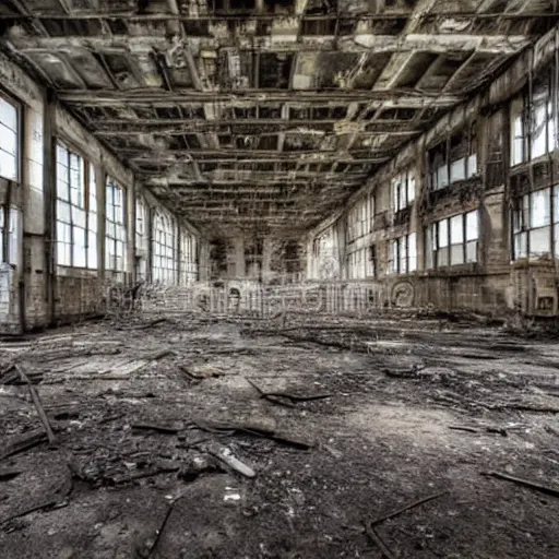 Prompt: interior of a large decayed industrial hall, perfectly clean, phase one photo,