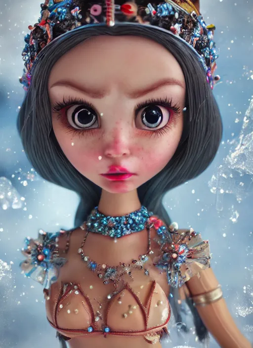 Image similar to closeup profile portrait of tin toy fairytale princess ice snow bikini girl, depth of field, zeiss lens, detailed, symmetrical, centered, fashion photoshoot, by nicoletta ceccoli, mark ryden, lostfish, breathtaking, 8 k resolution, extremely detailed, beautiful, establishing shot, artistic, hyperrealistic, octane render