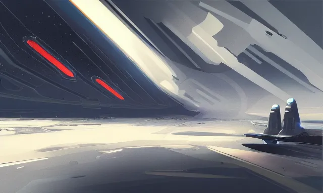 Prompt: landscape painting of a spaceship, futuristic, clean design, digital painting, sharp focus, illustration, art by sparth