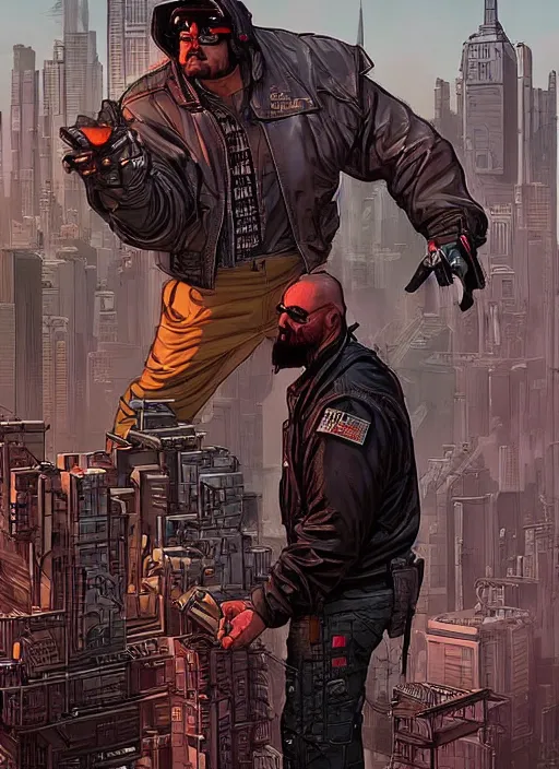 Prompt: Dumb Bubba. Buff cyberpunk meathead trying to intimidate hacker. Large man looms over hacker. Realistic Proportions. Concept art by James Gurney and Laurie Greasley. Moody Industrial skyline. ArtstationHQ. Creative character design for cyberpunk 2077.