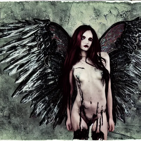 Image similar to crystal wings, waporwave polaroid, a greg rutkowsi photograph, devianart, metal acid deep colors, fallen angel of death, love broken