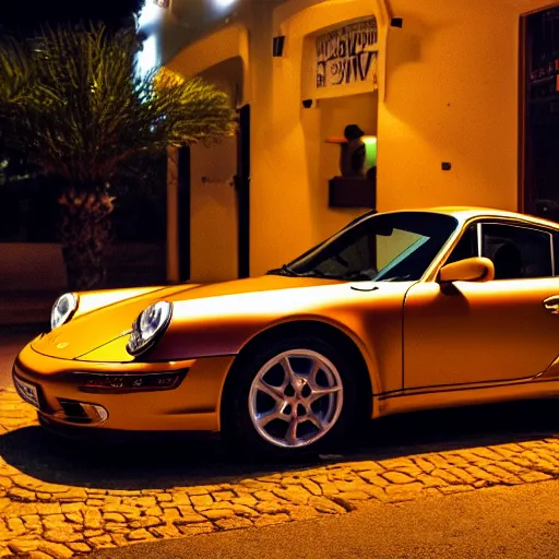 Image similar to Photo of a copper yellow Porsche 911 Carrera 3.2 parked in front of a cafe in Cyprus, night, moonlit, dramatic lighting, award winning, highly detailed