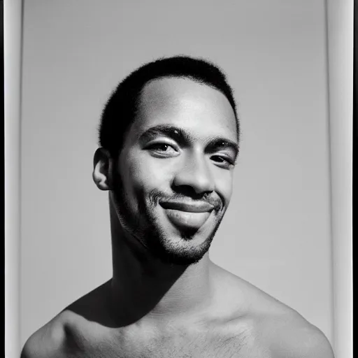 Image similar to a beautiful portrait of a happy handsome guy, new york city apartment, florescent lighting, kodak tri-x pan film, black and white, 35mm film, award winning photo, by larry clark 1994 from the international center of photography