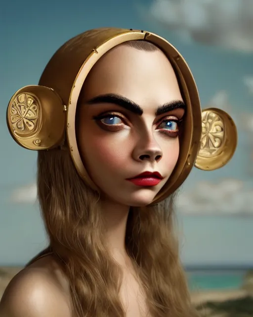 Image similar to closeup face profile portrait of cara delevingne as a tin toy flying saucer babe, bikini, depth of field, zeiss lens, detailed and intricate environment, fashion photoshoot by nicoletta ceccoli, mark ryden, lostfish, breathtaking, 8 k resolution, artistic, hyperrealistic, octane render