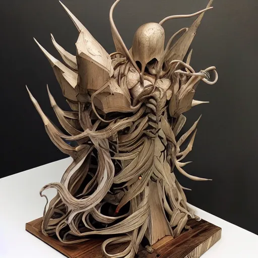 Image similar to angelarium, illithid, cthulhu, wooden sculpture by ellen jewett