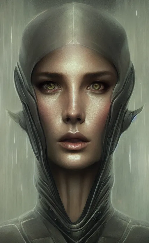 Image similar to portrait of a grey alien, deep focus, blade runner 2 0 4 9, fantasy, intricate, elegant, highly detailed, digital painting, artstation, concept art, matte, sharp focus, illustration, art by artgerm and greg rutkowski and alphonse mucha