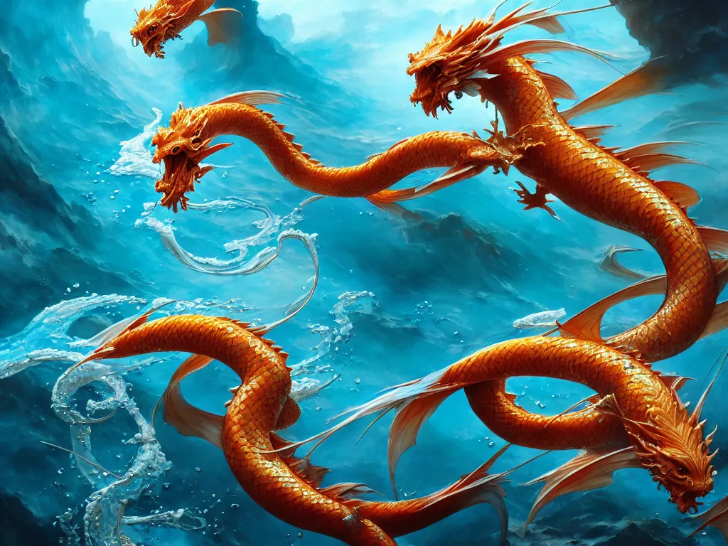 Image similar to intertwined koi dragon fish, water torrent background, jesper ejsing, james jean, justin gerard, tomasz alen kopera, cgsociety, fenghua zhong, makoto shinkai, octane render, highly detailed, rim light, cinematic lighting, hyper realism, high detail, intricate, 4 k, masterpiece