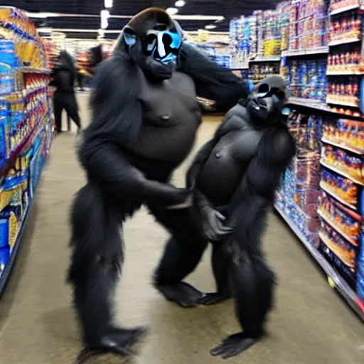 Prompt: gorillas rioting at walmart