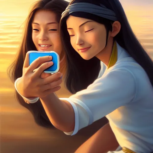 Image similar to beautiful serene intricate portrait of katara and toph beifong taking a selfie, smiling softly, relaxing on the beach, golden hour, soft focus, 8 k, art by irakli nadar, hyperrealism, hyperdetailed, ultra realistic