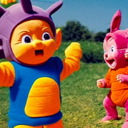 Image similar to goku playing with the teletubbies