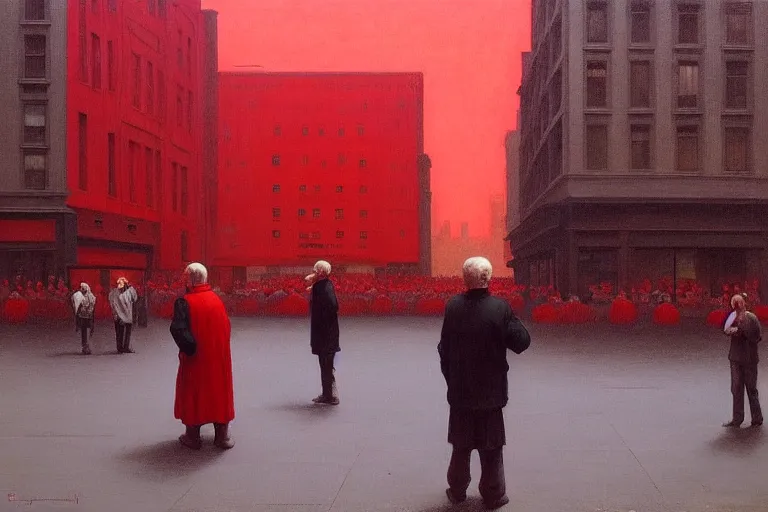 Image similar to only with red, a red old man try to sell a portrait, a crowd cheering, in a city square, in the style of beksinski, parts by edward hopper, parts by rodcenko, parts by yue minjun, intricate and epic composition, red by caravaggio, insanely quality, highly detailed, masterpiece, red light, artstation, 4 k