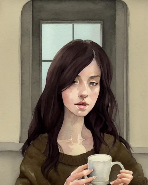 Prompt: a cozy watercolor painting of a pretty french girl with dark hair, wearing an oversized sweater, cuddled up by a windowsill making eye contact with the viewer, holding a mug of hot tea covering her lower face. In the style of ilya kuvshinov, dramatic lighting, fantasy, intricate, elegant, highly detailed, lifelike, photorealistic, digital painting, bokeh, HDR, high resolution, artstation, concept art, smooth, sharp focus, art by Krenz Cushart and Albert Aublet