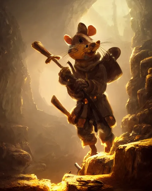 Prompt: oil painting of poor anthropomorphized mouse miner mining gold, pickaxe, close shot, full body, dark steampunk mine shaft background, sharp focus, fantasy style, octane render, volumetric lighting, 8k high definition, by greg rutkowski, highly detailed, trending on art Station, dungeons and dragons artwork, centered