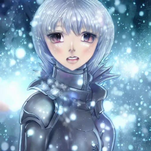 Image similar to portrait focus of knight beautiful 3D anime girl, silver Frozen ice armor wearing, dark forest background, snowing, bokeh, inspired by Masami Kurumada, digital painting, high contrast, unreal engine render, volumetric lighting, high détail