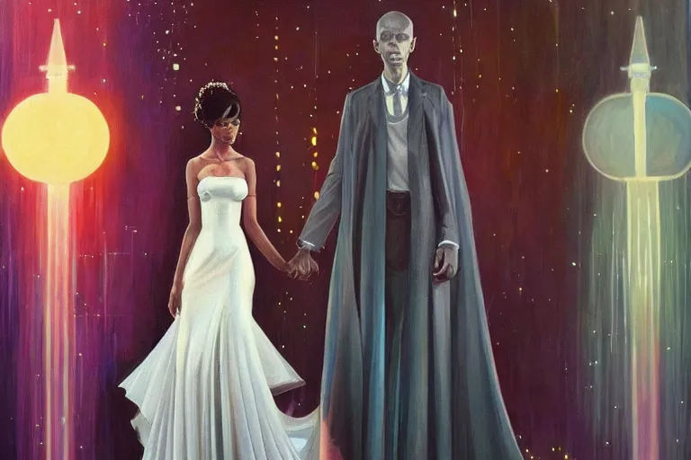 Prompt: wedding day 🫀👩🏾, futuristic wedding dress, neon god of city character portrait, in the style of margaret keane, moebius, tom bagshaw, and waterhouse, cinematic lighting, beautiful, elegant, oil painting,