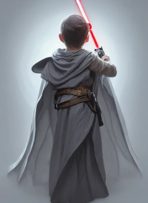 Image similar to perfectly - centered - portrait of a kid wearing grey cloak holding light saber, intricate, highly detailed, digital painting, artstation, concept art, smooth, sharp focus, illustration, unreal engine 5, 8 k, art by artgerm and greg rutkowski and alphonse mucha