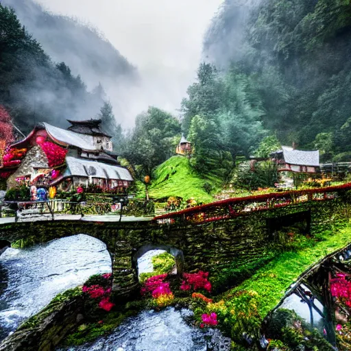 Image similar to spring festival at medieval hobbit village, ornate, beautiful, atmosphere, vibe, mist, smoke, fire, chimney, rain, wet, pristine, puddles, waterfall, melting, dripping, snow, creek, moss, ice, bridge, lightning, cobble, rainforest, roses, flowers, color page, 4 k, contest winner