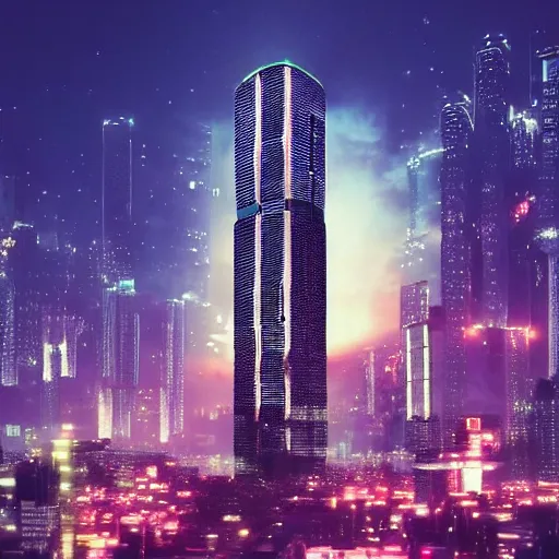 Image similar to “establishing shot of an isolated tower in Neo-Tokyo. 10 times bigger than any other building nearby. 2077 Akira. 8k”