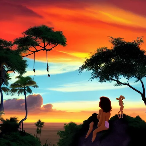 Image similar to Disney's Tarzan watching sunset with beautiful clouds