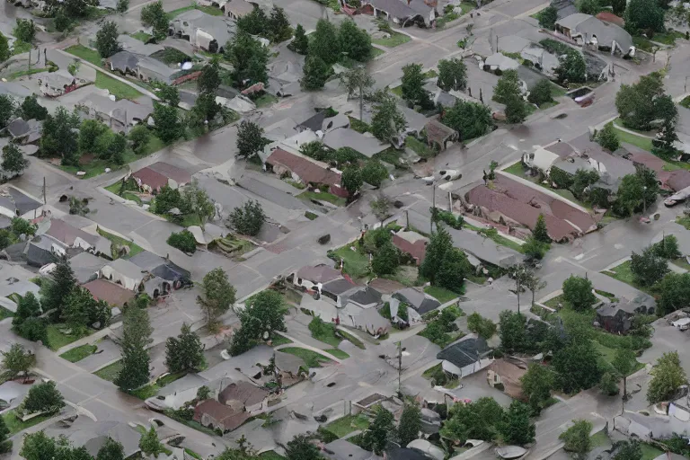 Image similar to a detailed photograph of a 1 9 8 0 s american neighborhood by gregory crewdson, 4 k, rain