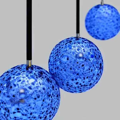 Prompt: blue glass balls connected by small steel rods, octane render, studio photo