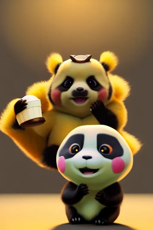 Image similar to high quality 3 d render hyperrealist very cute creepy happy panda & tortoise hybrid eating ice cream, vray smooth, in the style of detective pikachu, very dramatic light, low angle, uhd 8 k, shallow depth or field