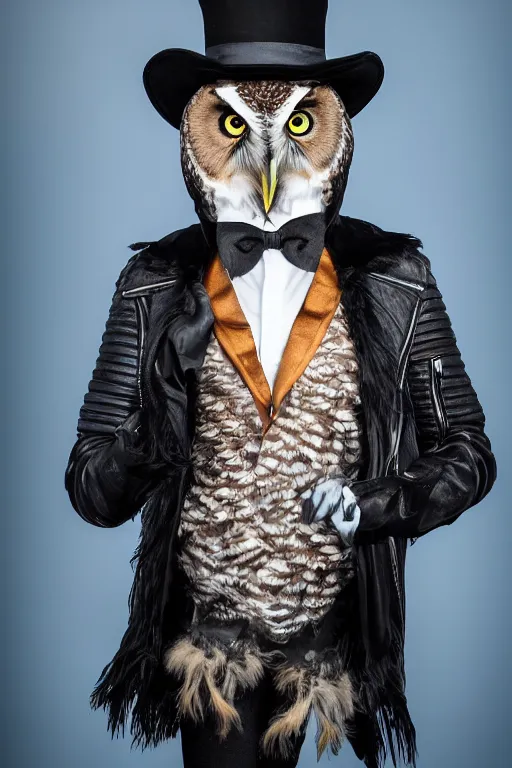 Prompt: owl wearing black biker jacket, portrait photo, backlit, studio photo, suit, bow tie, black trousers, background pastel, kobalt blue, tophat, tophat