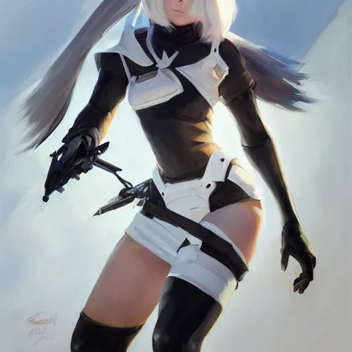 Image similar to greg manchess portrait painting of a 2 yorha type a no. 2 as overwatch character, white long hair, organic painting, sunny day, matte painting, bold shapes, hard edges, street art, trending on artstation, by huang guangjian and gil elvgren and sachin teng