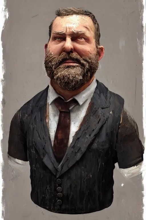 Image similar to palette knife oil painting of professor clay, middle - aged, thickset, barrel chest, voluminous, salt - and - pepper beard. eyes smolder like embers. dress shirt and suspenders, sleeves rolled, tie loosened. extreme detail. artstation trending, artgerm, deviant art, octane, substance, art history 8 k