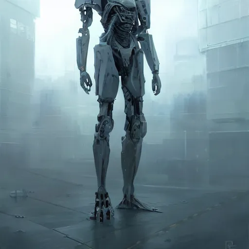 Image similar to concept art by greg rutkowski, a very tall and slender cyborg, standing in front of a large rectangular looking space, high tech and futuristic white walled environment, unnatural lighting, uncanny atmosphere, frightening and creepy atmosphere, scifi, highly detailed portrait, digital painting, artstation, concept art, smooth, sharp foccus ilustration, artstation hq