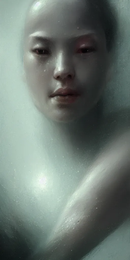 Image similar to close up face portrait of a machine dreaming with it's eyes open in a bathtub inside of a apocalyptic bathroom, extremely detailed digital painting, in the style of fenghua zhong and ruan jia and jeremy lipking and peter mohrbacher, mystical colors, rim light, beautiful lighting, 8 k, stunning scene, raytracing, octane, trending on artstation