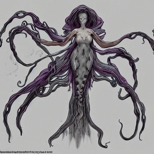 Image similar to concept designs for an ethereal wraith like figure with a squid like parasite latched onto its head and long tentacle arms that flow lazily but gracefully at its sides like a cloak while it floats around a forgotten kingdom in the snow searching for lost souls and that hides amongst the shadows in the trees, this character has hydrokinesis and electrokinesis for the resident evil village video game franchise with inspiration from the franchise Bloodborne and the mind flayer from stranger things on netflix